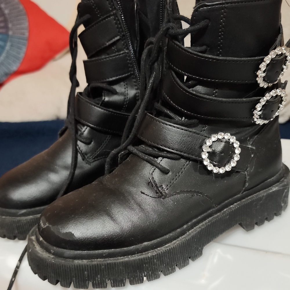 Zara Black Boots with Rhinestone Buckles